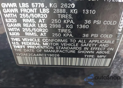 2024 Volkswagen Atlas Cross Sport 2.0T Sel R-Line z USA, uszkodzony, nr VIN 1V2AE2CA4RC219026